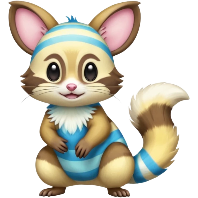 Neon-yellow and neon-cobalt-blue- and cyan-gradients-striped Furret-Emolga-Genet-Cacomistl-hybrid-fusion (full body) emoji