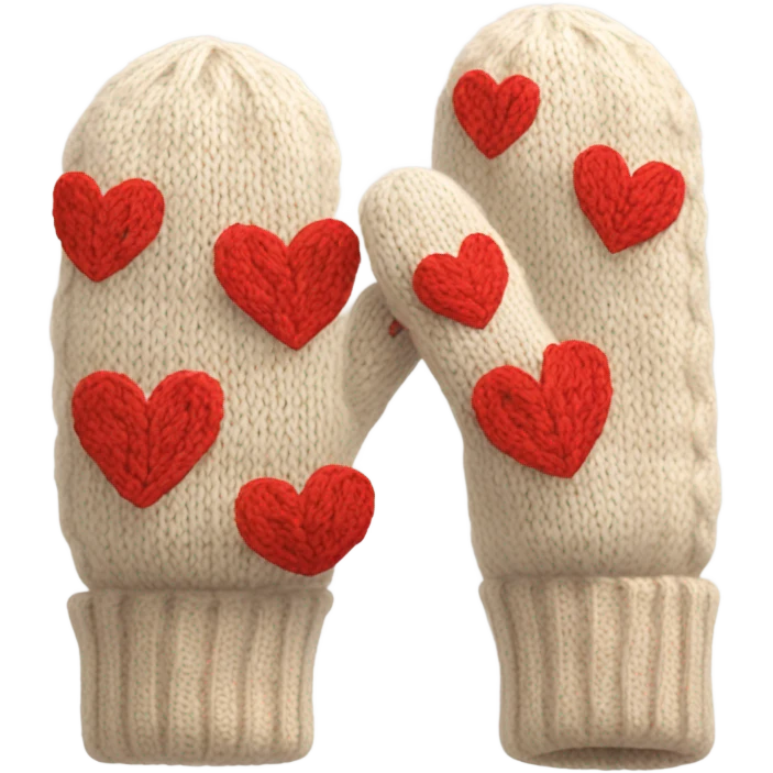 A pair of cozy knitted beige mittens with red hearts emoji