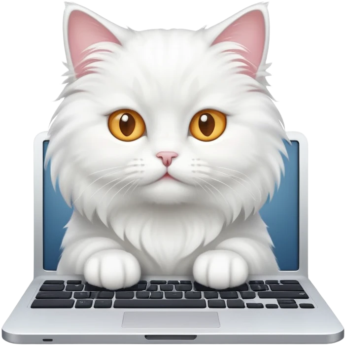 White cat looking at computer emoji