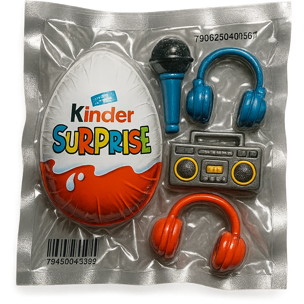 Kinder Surprise egg with standard wrapper next to toys: microphone, boombox, headphones, glossy vacuum-sealed style emoji