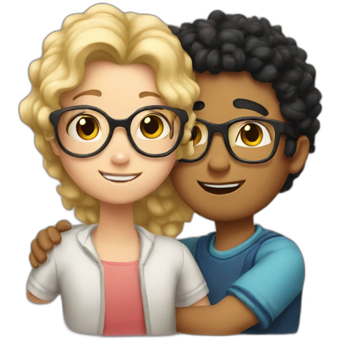 boy with curly blonde hair and glasses hugging girl with black hair and glasses emoji
