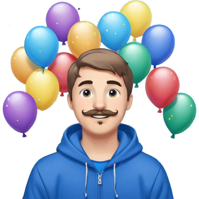Mr. Beast wearing a blue hoodie, ferret mustache, small light beard, big friendly smile, standing in front of a colorful, fun background with confetti and balloons emoji