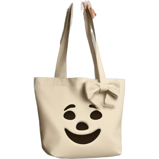 a sand color tote bag made with soft cotton with a bow as the handle. emoji