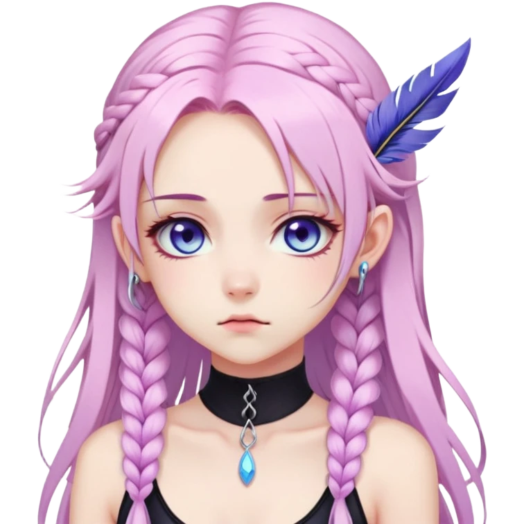 Gorgeous beautiful pretty grumpy anime lady long-pale-whitish-pastel-pink-hair with one braid on each side, hanging purple tiny feather-ear-cuffs with pink tips in hair, black bodysuit, blue eyes, pink iris, ethereal, fashion aesthetic  emoji