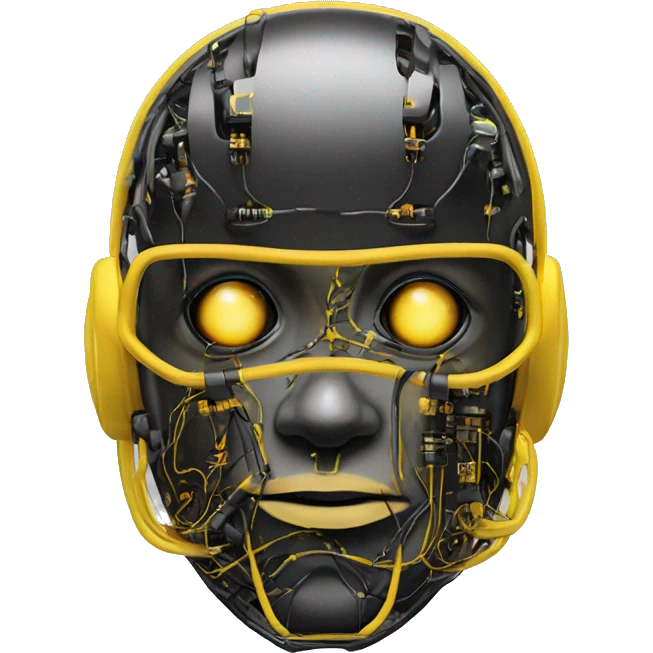 Black and yellow cyborg head with football helmet and circuits emoji