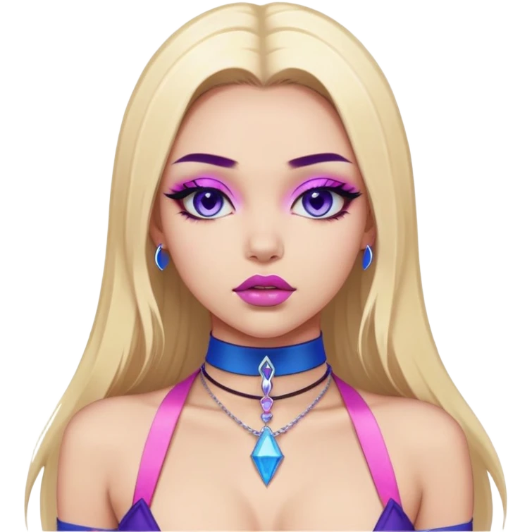 Sticker with a full-length front view of a girl. Hourglass figure. Long straight blonde hair with blue tips. Light skin, erotic makeup with sharp eyeliner and purple lips, pink choker on the neck. Erotic pose, ahegao facial expression. Realistic style, clean neutral background. emoji