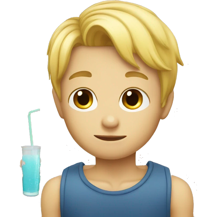 A blonde boy sucking juice, lateral view emoji
