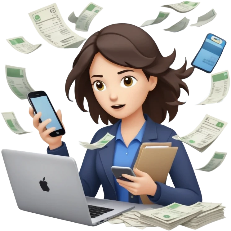 woman holding a phone in one hand, laptop open in front, storm of receipts, invoices, and reminders swirling around, multitasking chaos emoji