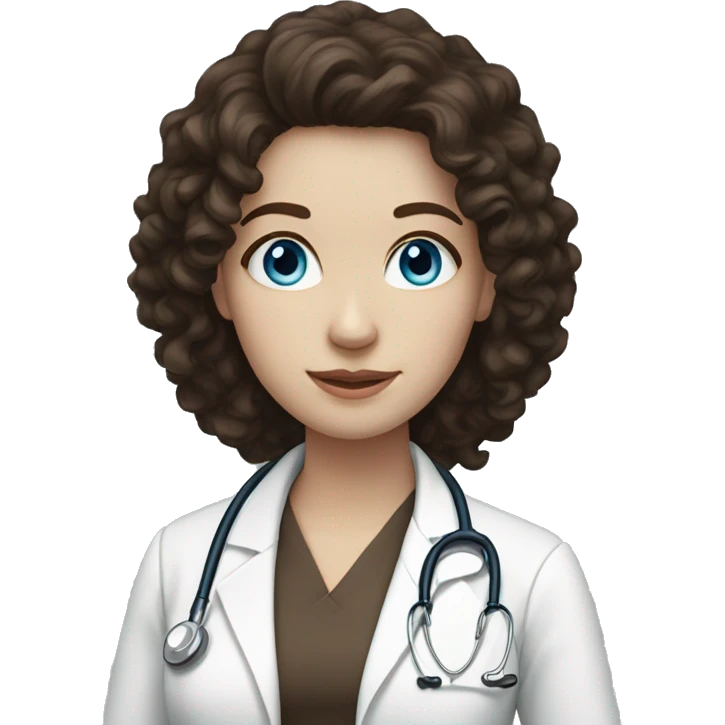 Female, blue eyes, pale skin, long dark brown curly hair Doctor emoji