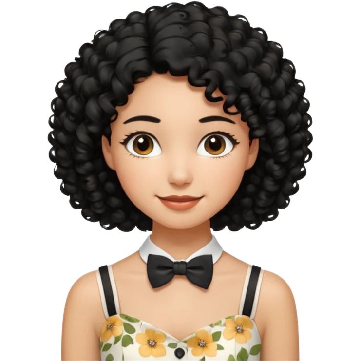 A young woman. She has voluminous, curly black hair that frames her face beautifully. Her skin tone is warm and glowing, and she has a subtle, natural makeup look. She’s smiling softly at the camera. She is wearing a white floral top with thin straps and a small bow tie detail in the front. emoji
