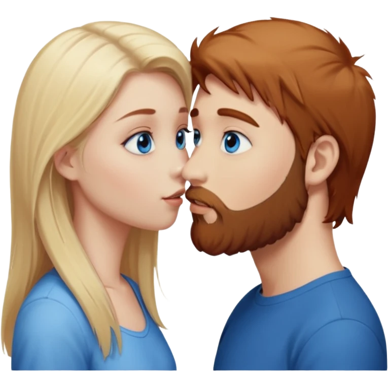 Beautiful, long-straight, pale-blonde-hair blue eyed girl facing a reddish brownish hair and scruffy beard, blue eyed, white male kissing  emoji