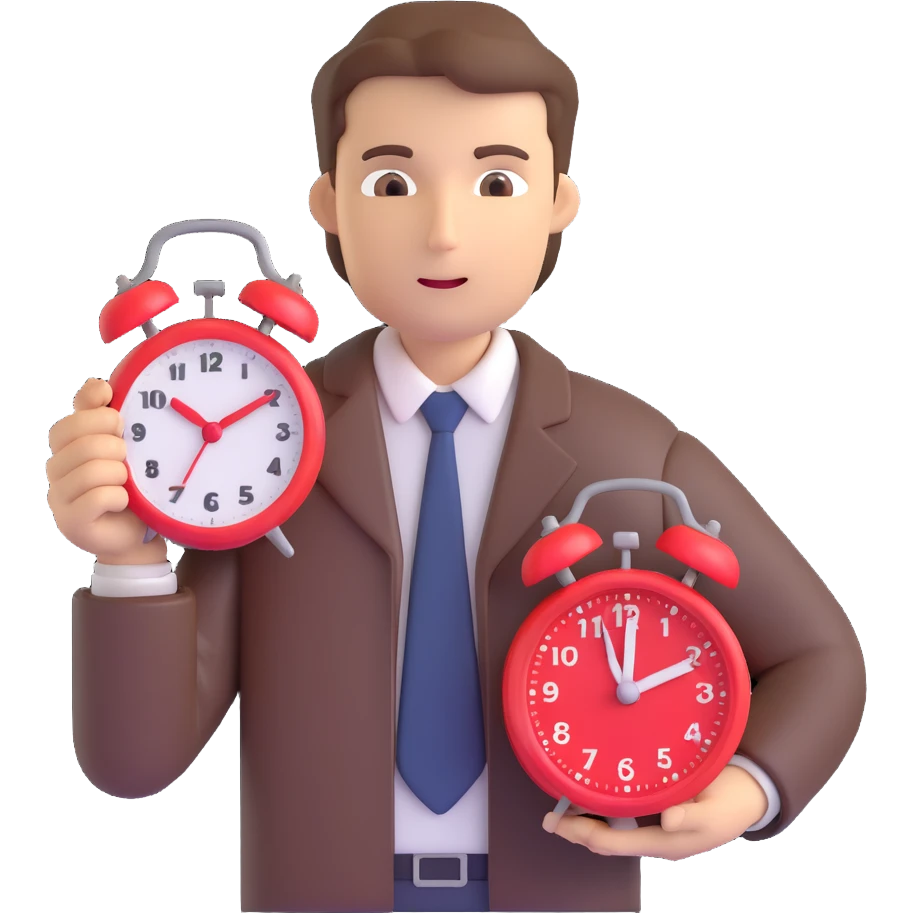A man with brown hair holding a red alarm clock emoji
