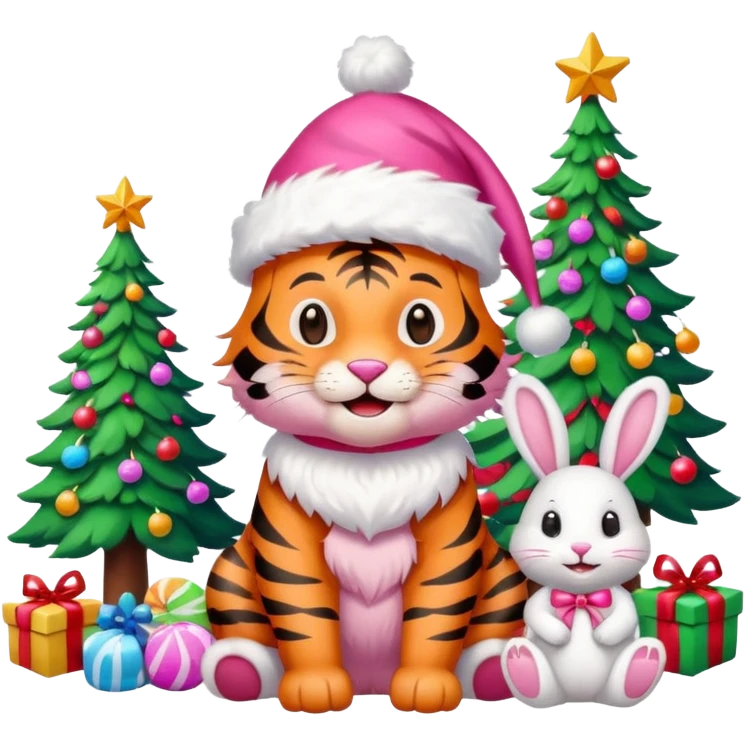Smiling Pink tiger with Santa sitting by a bunny and brightly lit colorful Christmas trees and candy canes 🎁  emoji