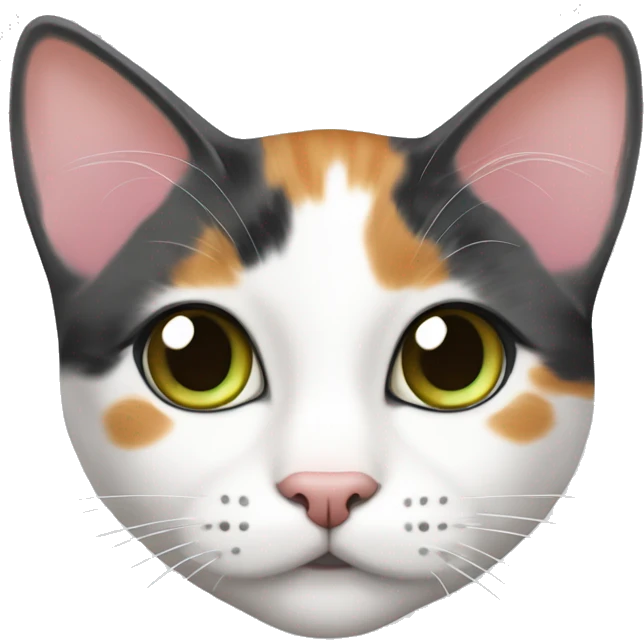 white calico cat with orange, brown, grey spots, short hair. pink nose green eyes emoji