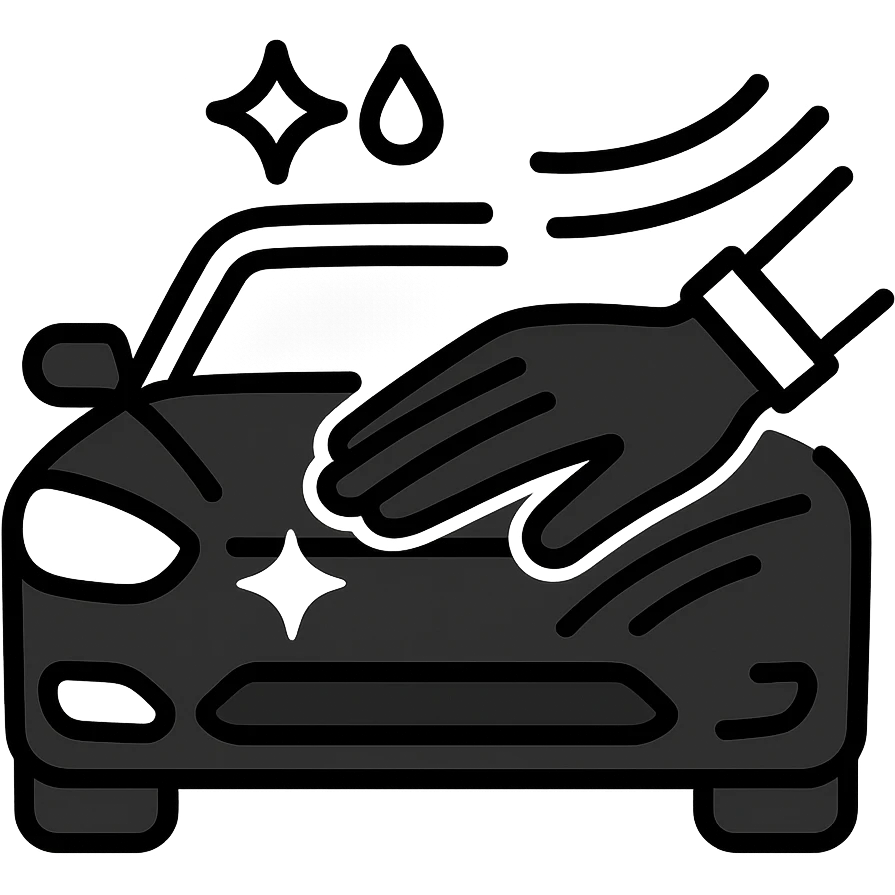 elegant hand with white or black glove on the hood of a high-end car, water drops or shine, main color black with silver or white details, smooth motion lines suggesting cleaning, modern and clean icon emoji