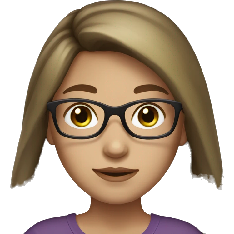 A girl with white skin skin,  brown long hair , brown-green eyes, brown-purple-balck glasses emoji