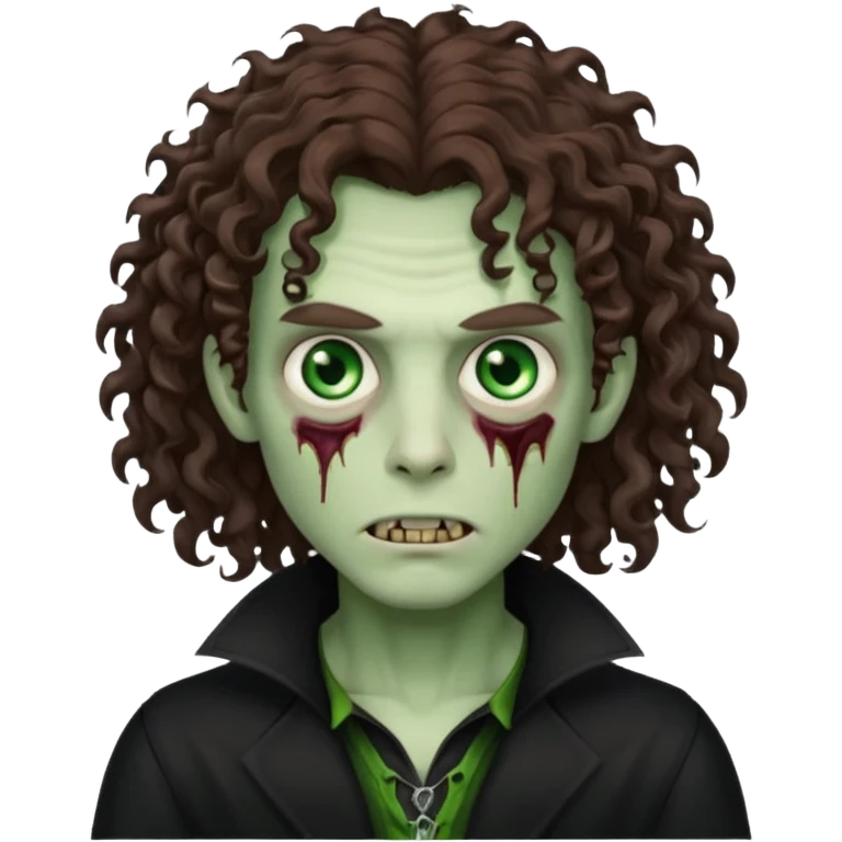 long curly haired male zombie with brown hair color and green eye color, with dark vampire clothes emoji