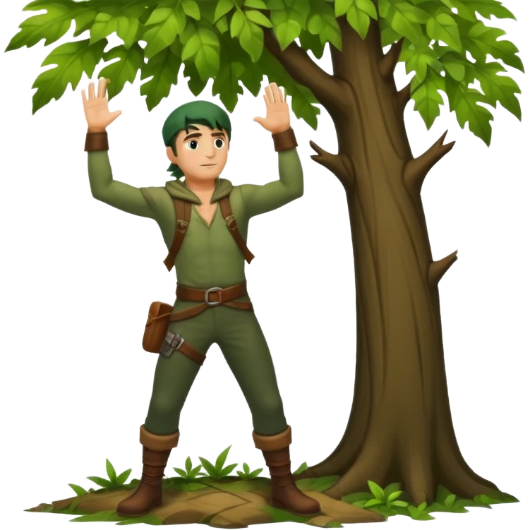 full body forest rogue man, from behind leaning against tree, one arm raised, leaf shadows on back emoji