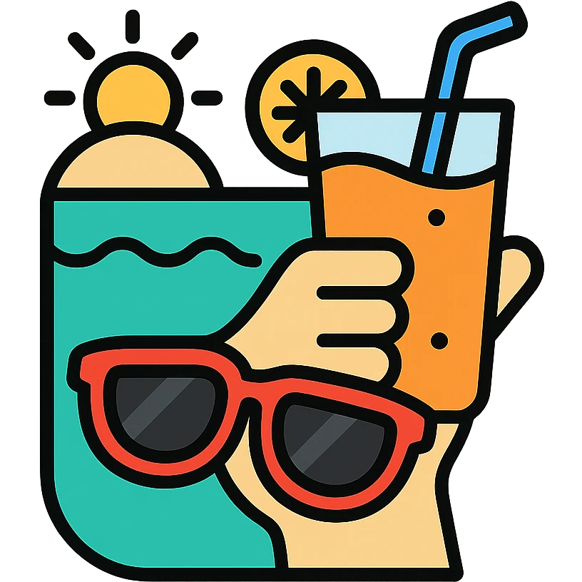 a hand with sunglasses holding a glass of fruit juice, beach background icon emoji