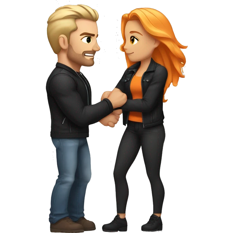 A muscular, well-formed, slightly brunette man wearing a black jacket, and a woman with light blonde and orange hair, brown eyes, and a black crop top, hugging him. emoji