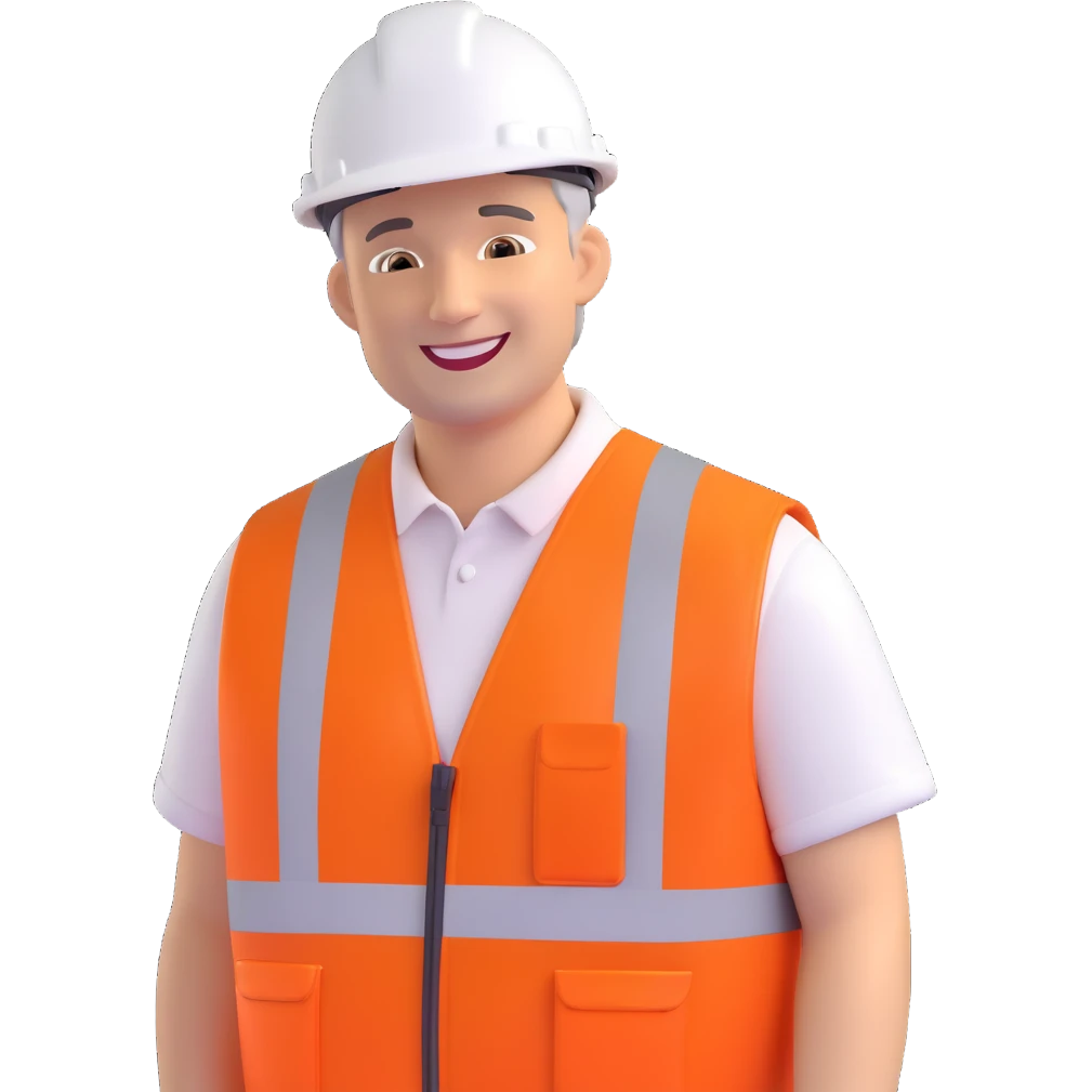 friendly middle-aged man with short hair, smiling, wearing a high-visibility orange vest and white hard hat, inspired by a Network Rail worker emoji