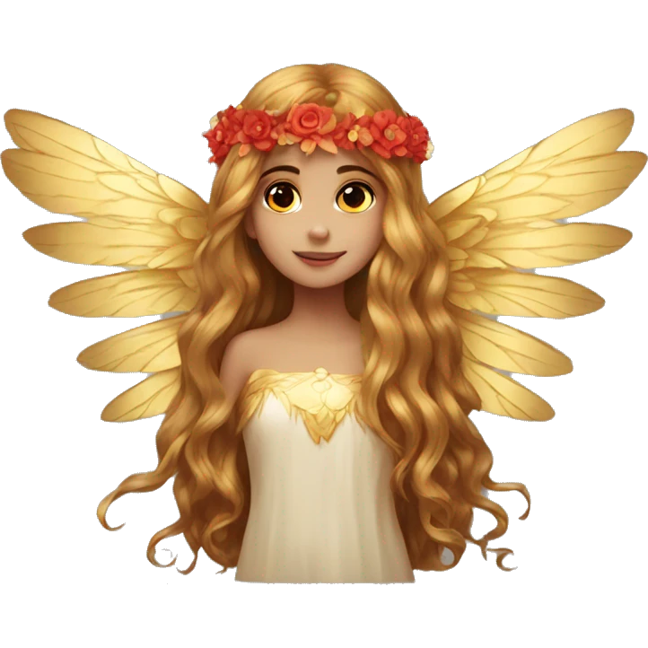 big wings, flower, Beautiful, fairy, gold,red, long hair emoji