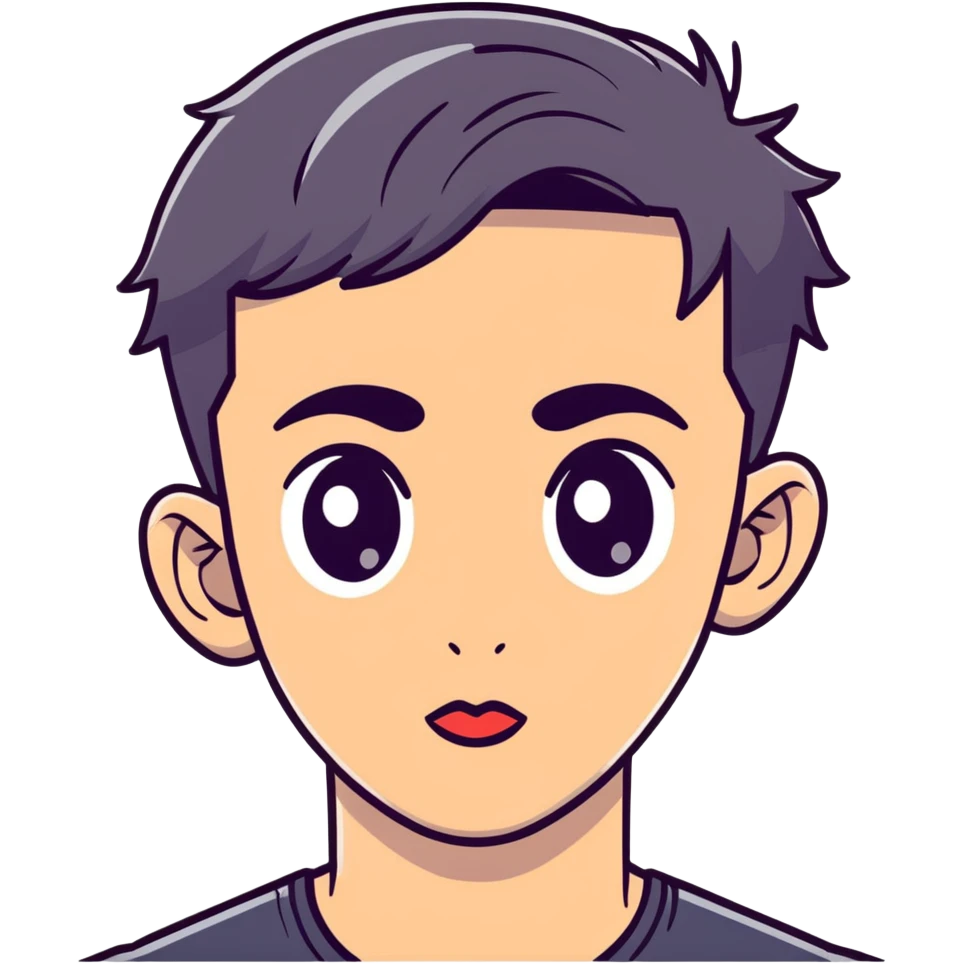 young man with modern black haircut, big eyes, medium lips, big eyebrows emoji