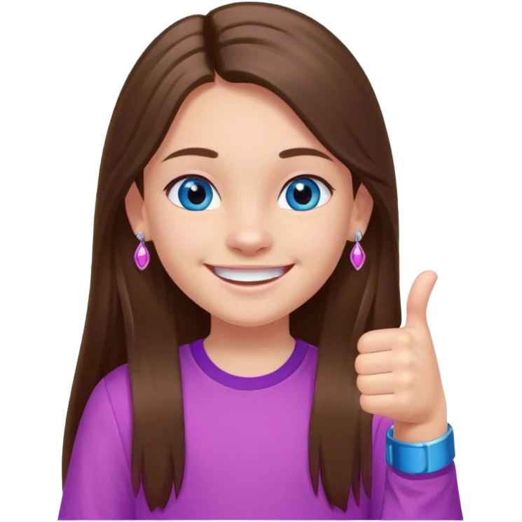 11 year old girl, blue eyes, brown long ish straight hair, smile and two thumbss up with purple STUD earings and a PINK shirt, and that you can see my whole body, and no teeth in my smile emoji