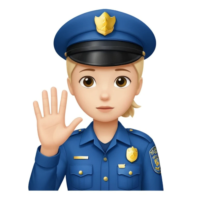 Kid in policeman uniform, show “stop” her hand emoji