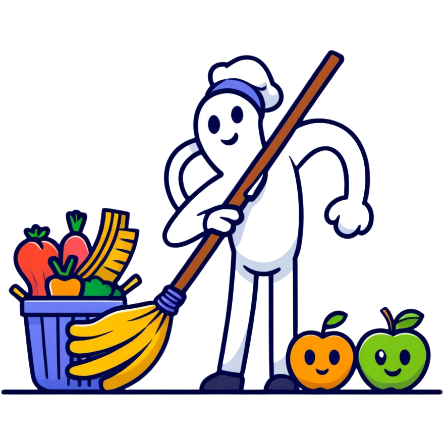 Friendly broom character sweeping through intestines, representing how fiber cleans the digestive system, surrounded by healthy food symbols emoji