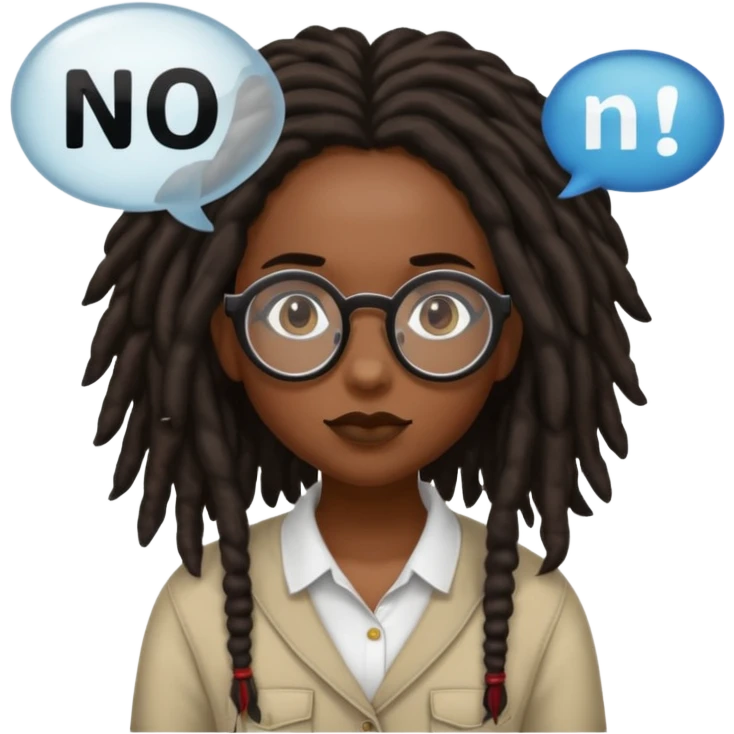 darker skin female with dark dreadlock hair wearing large round glasses with a word bubble that says no emoji