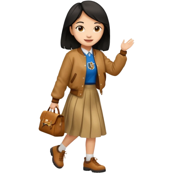 black color hair, light skin long hair girl with brown varsity jacket and long skirt walking

 emoji