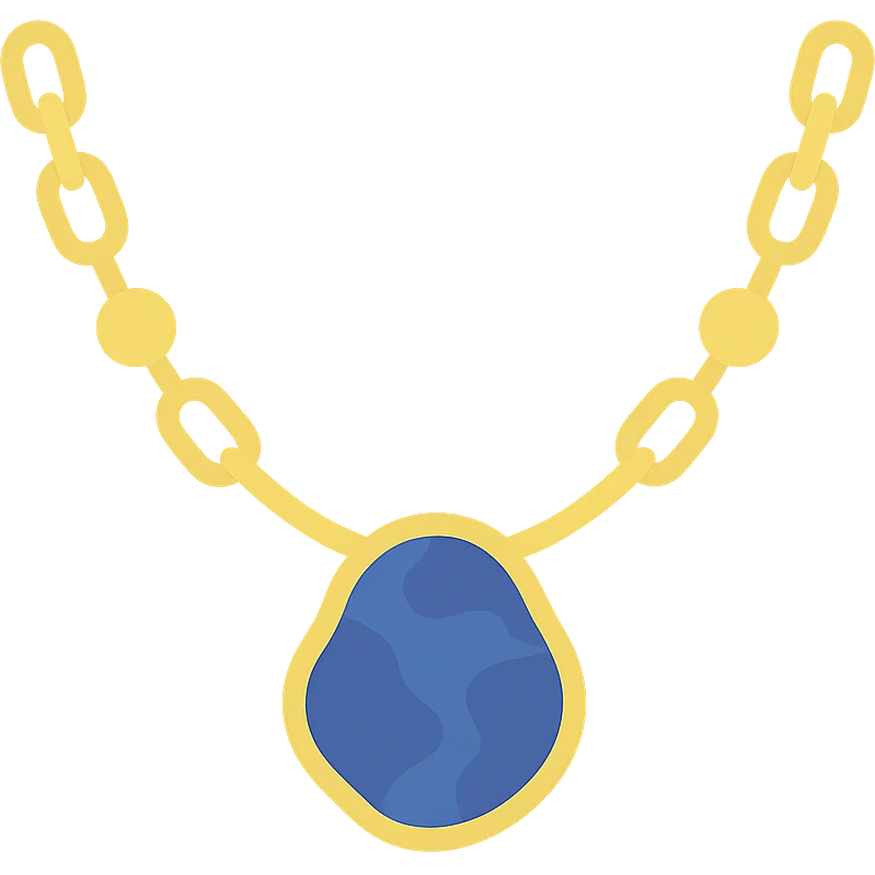 gold chain necklace with a deep blue marbled stone, organic shape, metallic bead accents, elegant and earthy emoji