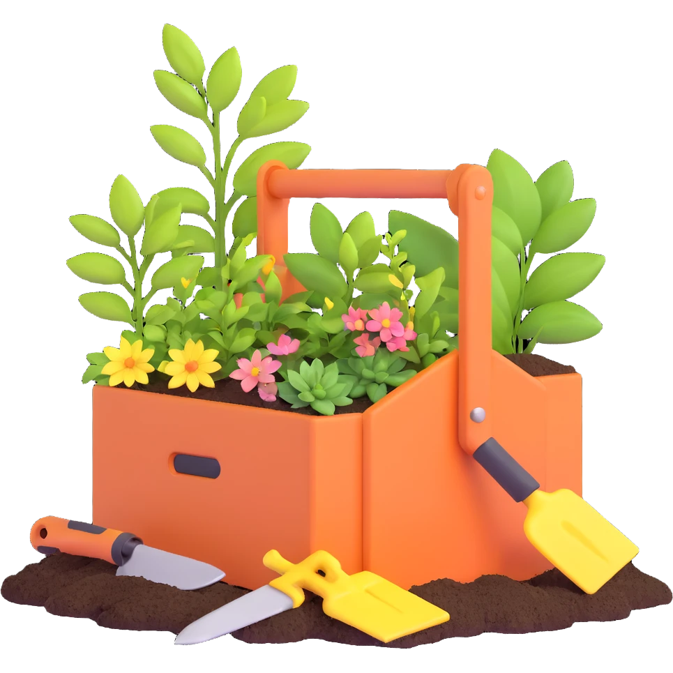 spring gardening tool box with small plants emoji