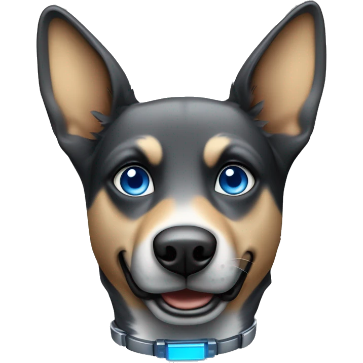 Robotic dog with blue eyes that’s in the color scheme of light and dark grey and has German shepherd like ears emoji