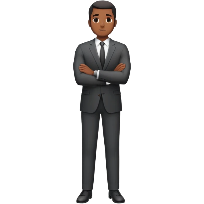 A full-body digital illustration of a Black man standing crossed hands ,confidently in a  suit, emoji