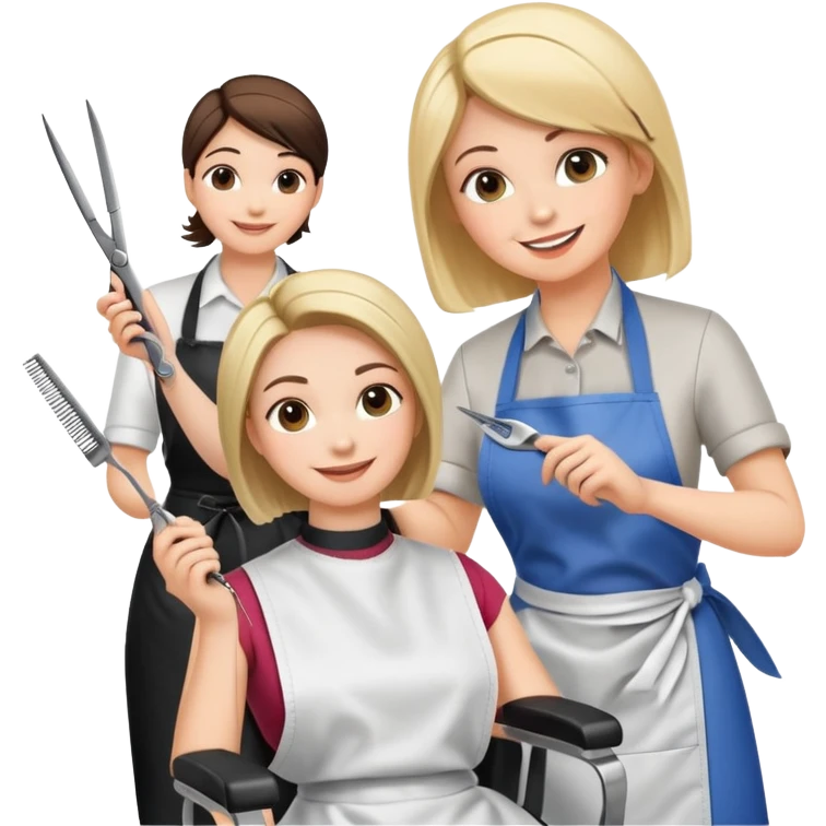 woman getting a haircut from a female hairstylist, both smiling, client sitting in chair with apron, hairstylist standing behind holding scissors emoji
