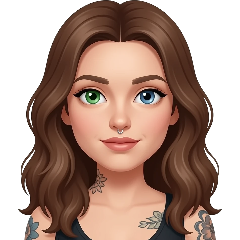 white long wavy haired brunette woman with one green eye one blue eye tattoos a philtrum piercing and a thin streak of grey hair emoji