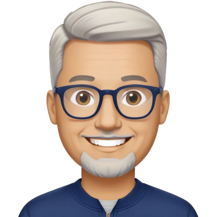 Light-skinned wider-built man with oval face, very close-cut hair (shorter on top, skin fade), short graying beard, big black glasses frames, happy smile, navy blue zip-up sweatshirt with long sleeves emoji