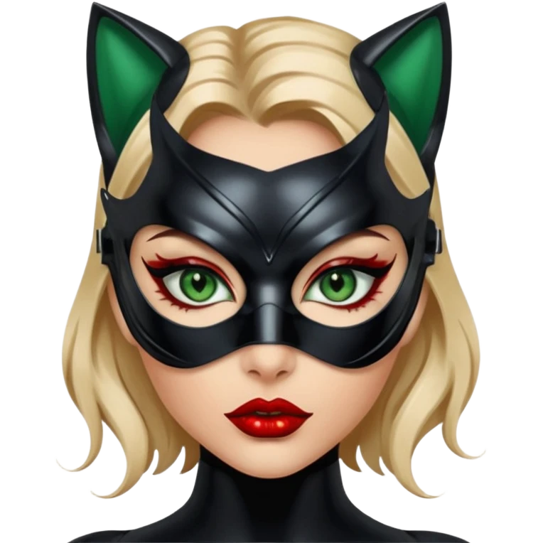 Futuristic Catwoman big blue green eyes with shiny patent leather mask, long false eyashes, most incredible highly detailed Futuristic green eyes,  perfect eyeliner, blood red full lips emoji