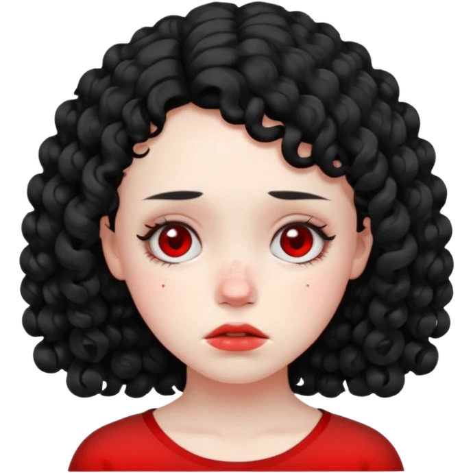 a girl with black curls sad and with  redacne in her face emoji