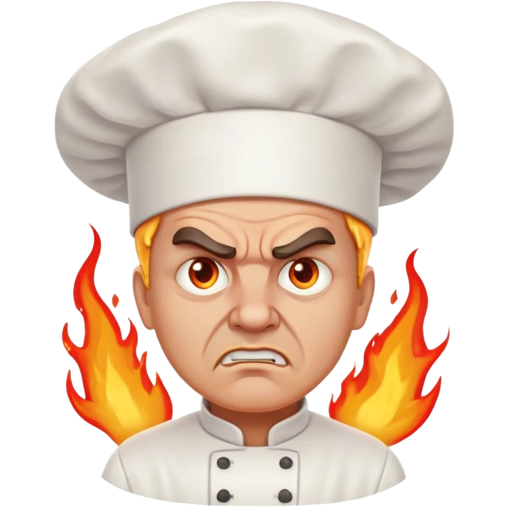 angry chef with flames coming out of eyes, cooking with passion emoji