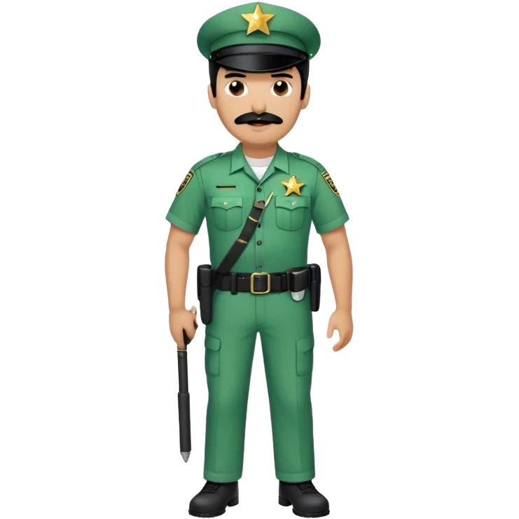 Chill guy in correctional officer green uniform. Full body. Black hair black mustache.  Light brown skin tone. Star badge. With duty belt and baton. emoji