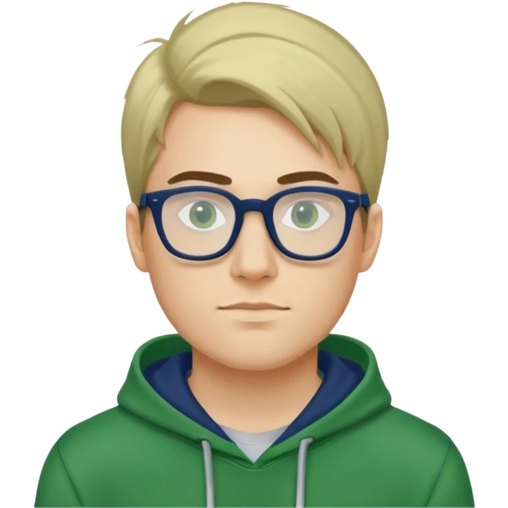 A boy of about 27 years old. No beard. Straight hair combed to the right. With a pair of navy blue framed glasses. Wearing a green hoodie. emoji