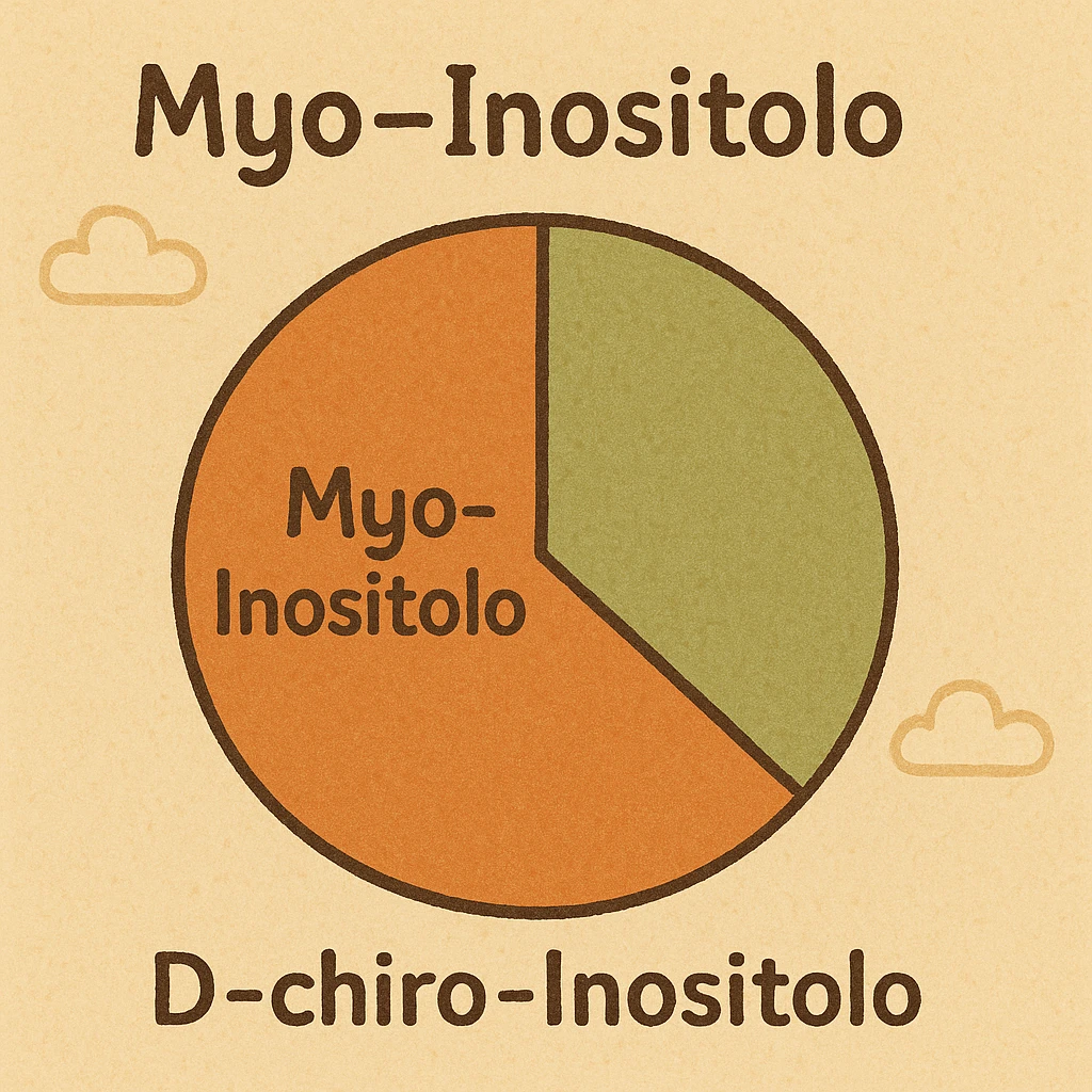 modern infographic style pie or bar chart showing proportion between Myo-Inositolo and D-chiro-Inositolo, two distinct sections with highlighted names, harmonious colors, light background emoji