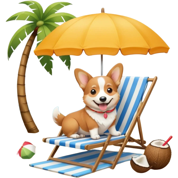 a corgi dog laied on a beach chair, a sunny beach, a sun umbrella, and beach coconut trees. the icon should capture the essence of a relaxing beach vacation with a carefree atmosphere emoji