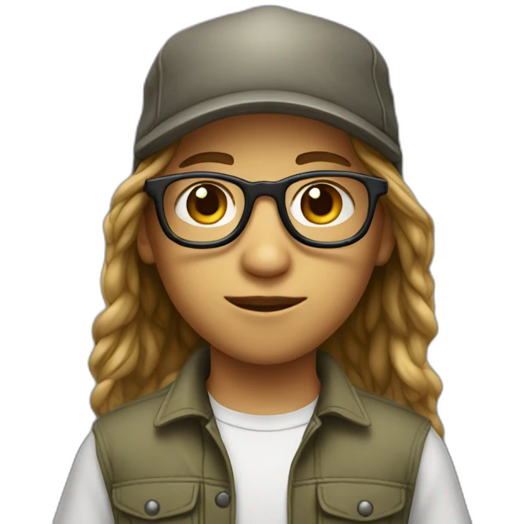 young boy with long hair and cap and Cargo pants and have glasses emoji