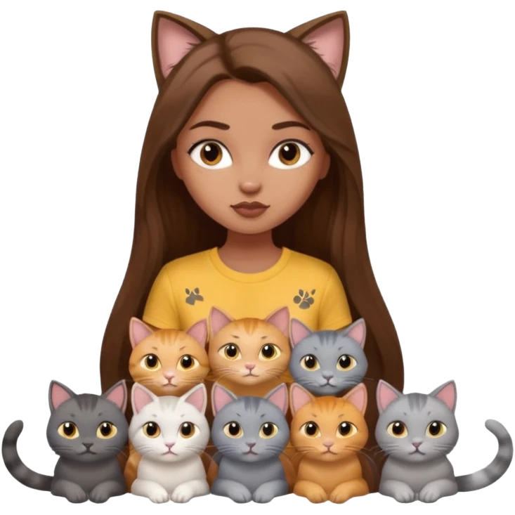 a pretty bratz dusky girl with long brown hair with six cats nd wearing a grey tshirt emoji