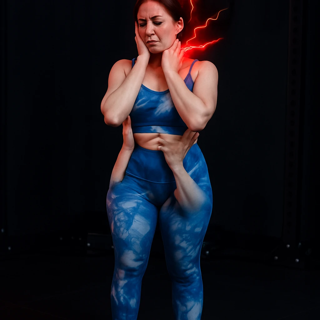 Realistic style edit of the girl identical to the photo with one hand on the jaw and one on the neck, expression of pain. Pain symbols like redness and lightning on neck and head. emoji