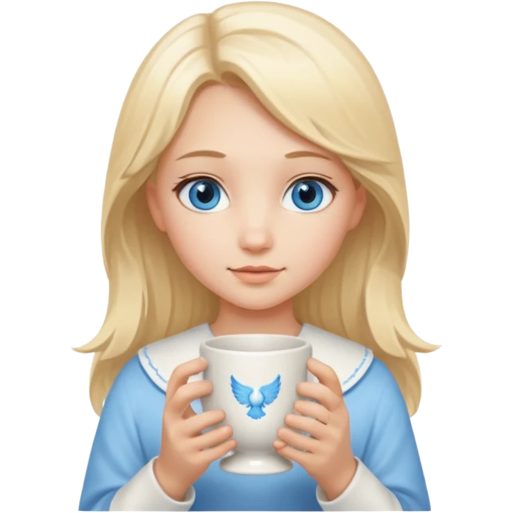 angelic blonde girl with middle length hair and blue eyes holds a cup emoji